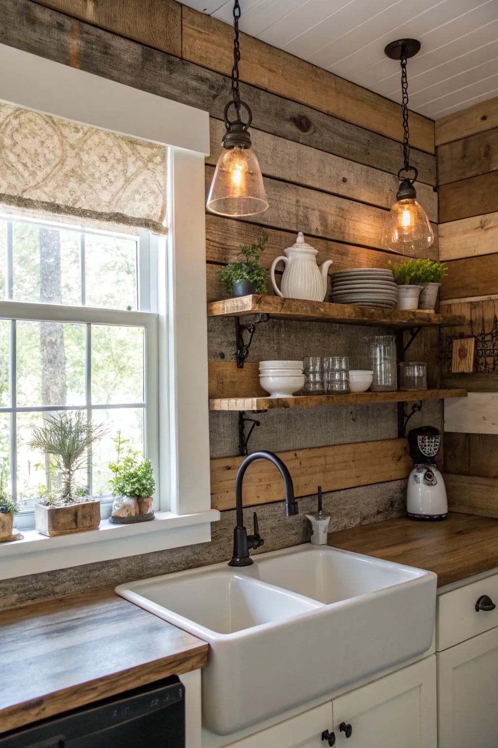 Farmhouse elegance with rustic wood accents in the kitchen.