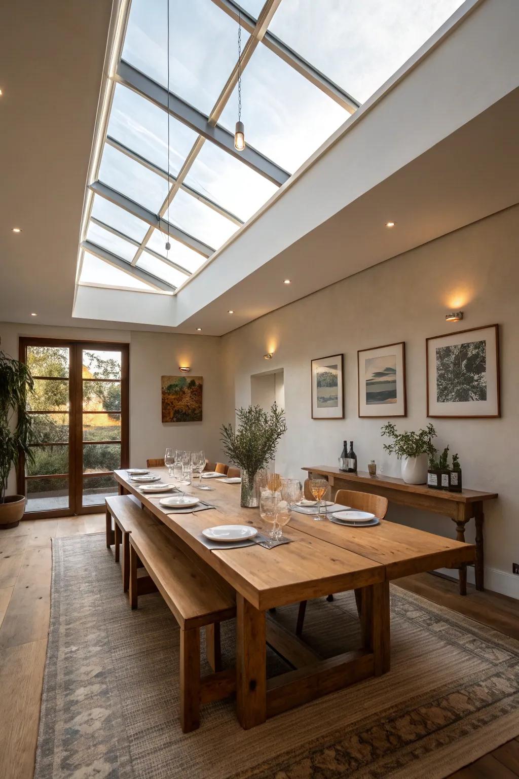 A dining room elevated by the gentle glow of a skylight.