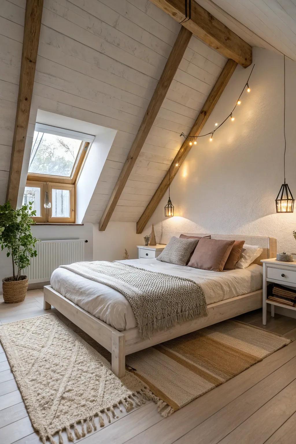 In an attic bedroom, a low bed makes the most of the available vertical space.