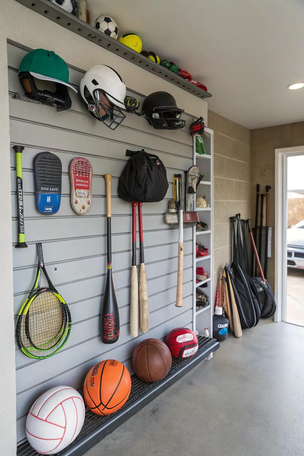 Slatwall storage options allow you to organize sporting gear without difficulty.