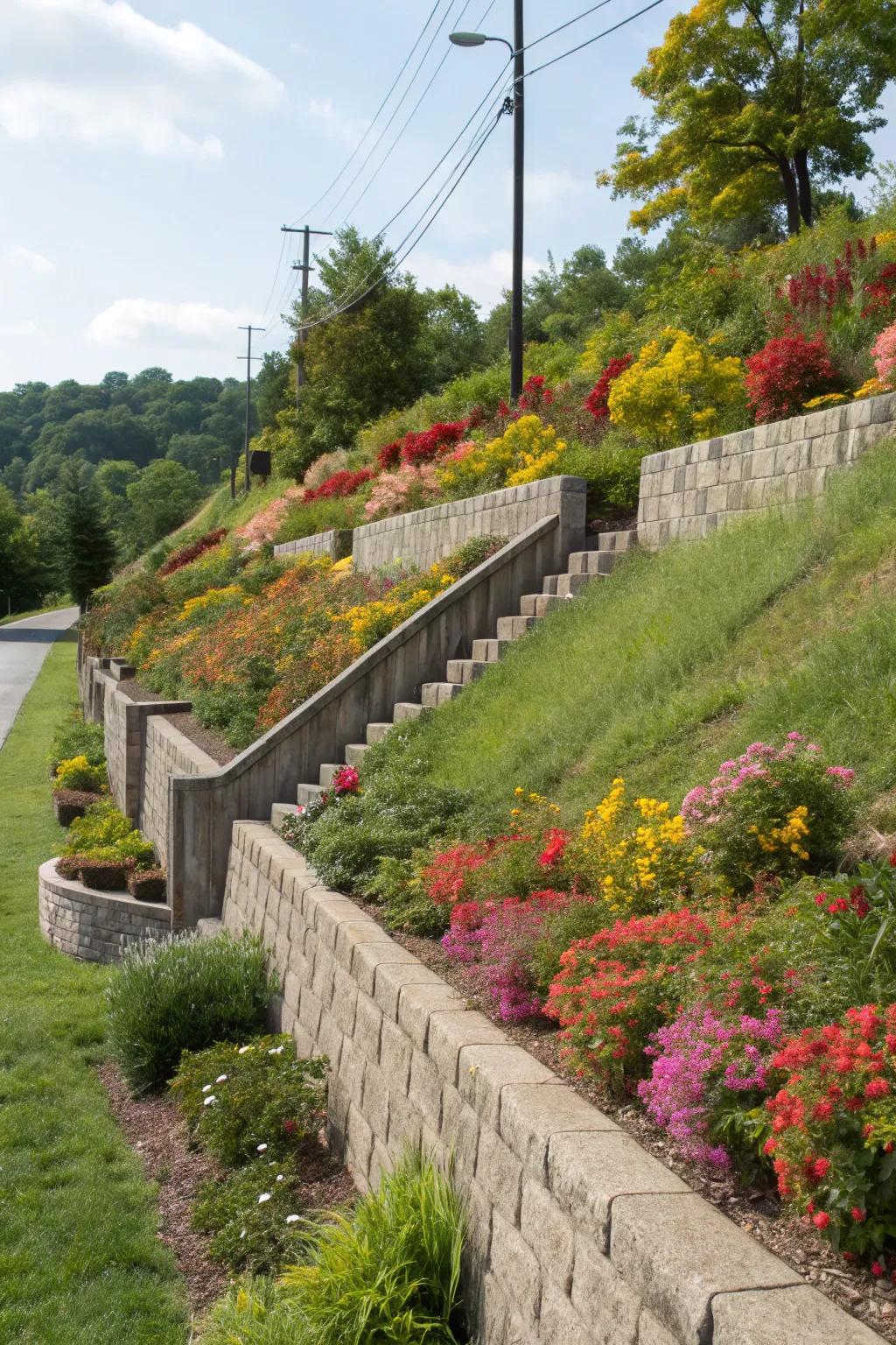 Supporting walls offer both stability and appeal to this hillside garden.
