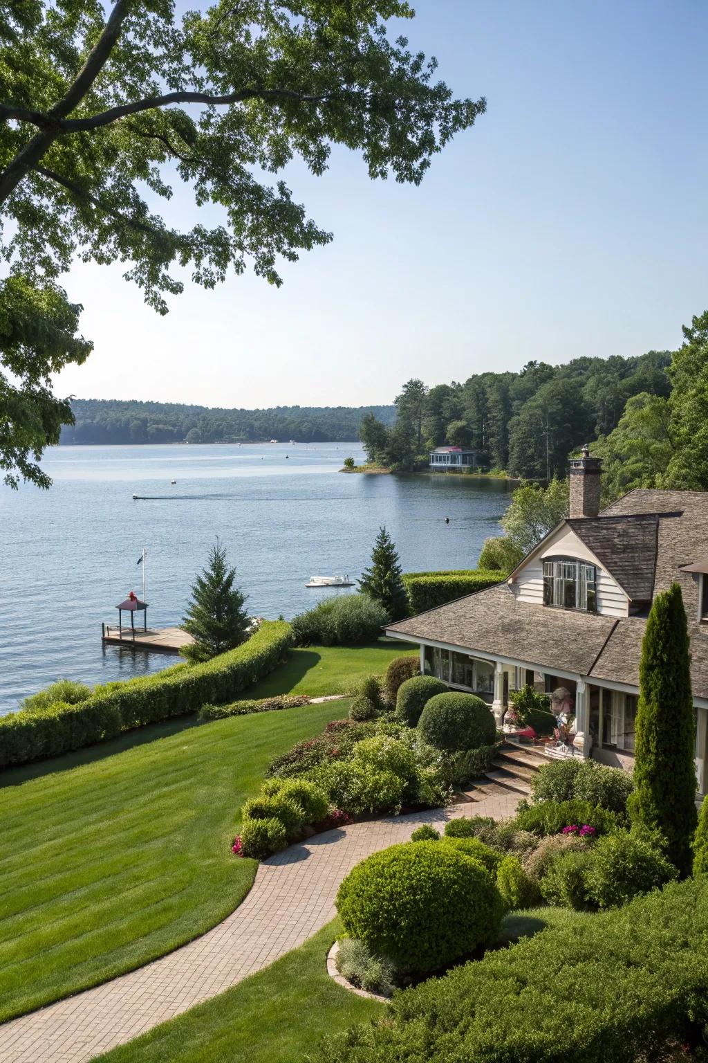 Spectacular lakeside panoramas framed by thoughtful landscaping.