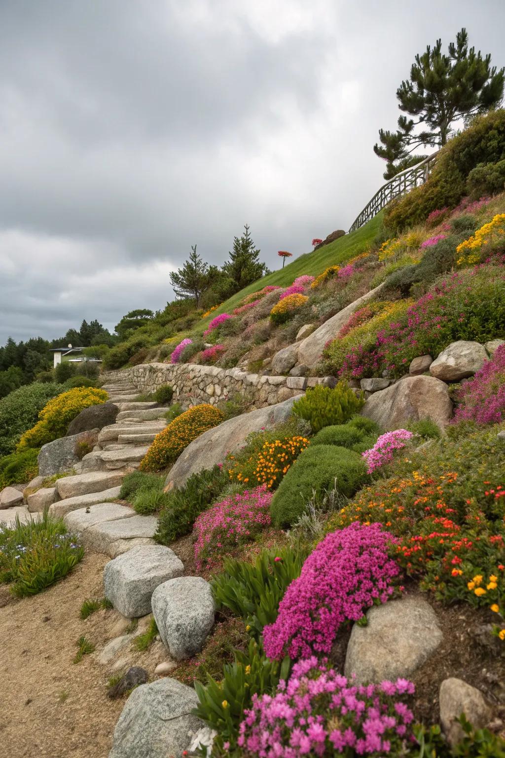 Colorful flowers breathe life into a sloping rock garden.