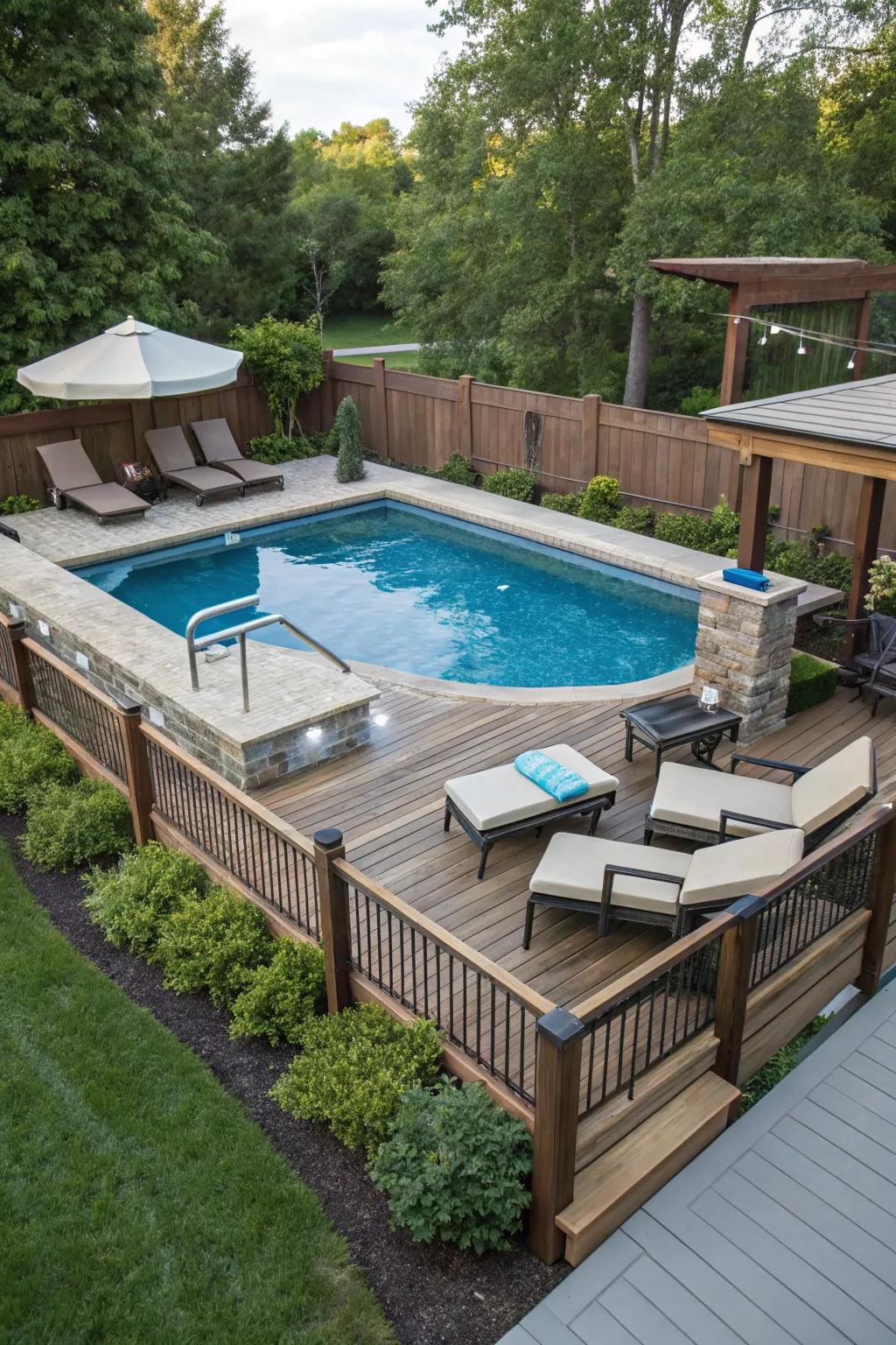 A cozy above-ground pool with surrounding seating for relaxation.