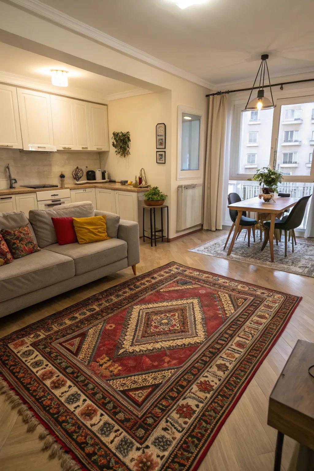 A decorative rug helps define living and dining areas in an open-plan apartment.