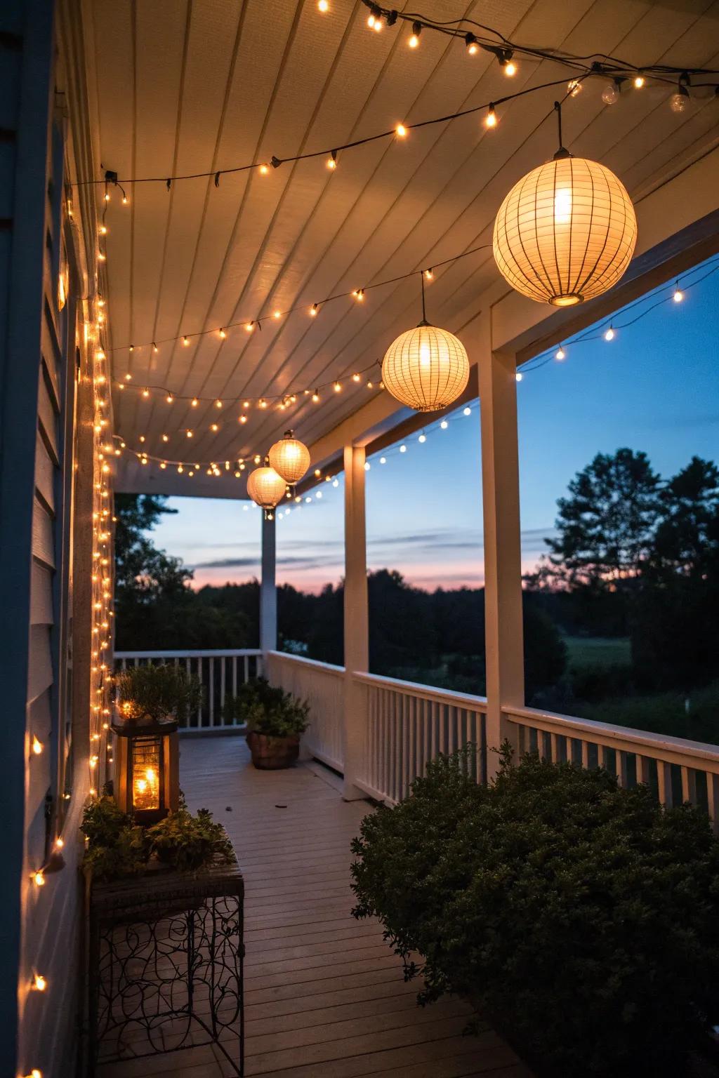 String lights and lanterns offer a warm radiance on this modest back porch.