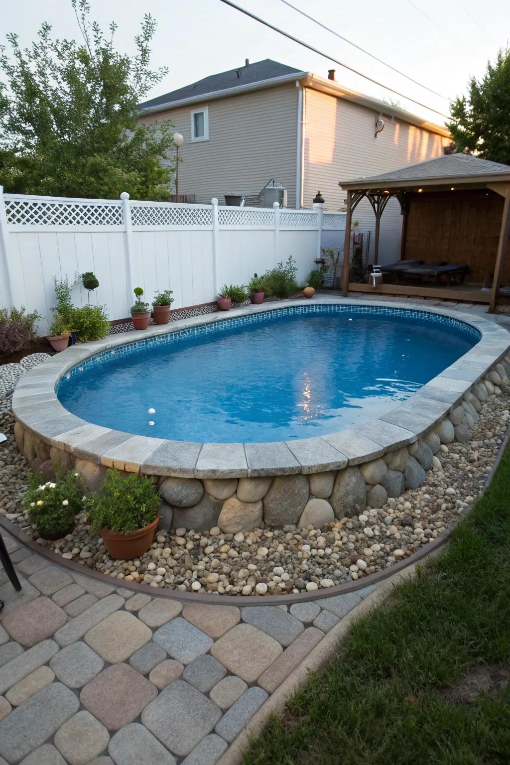 Decorative stones beautifully framing an above-ground pool, adding a hint of rustic allure.