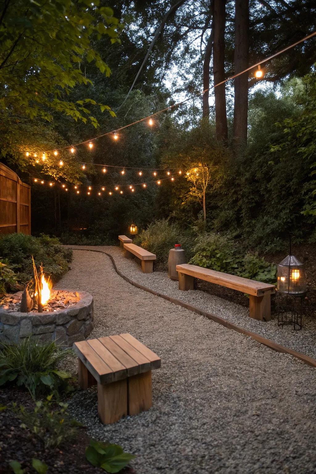 Countryside allure meets ease with a gravel base and integrated seating.