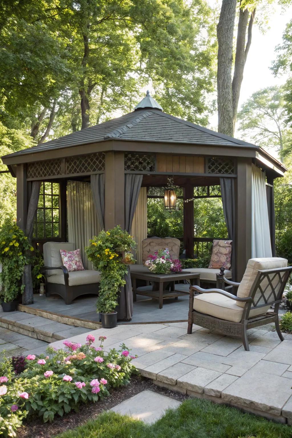 A small arbor with welcoming seating for relaxation.