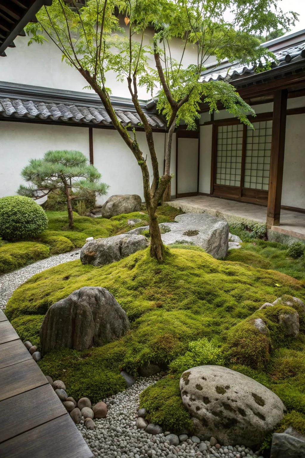 A tranquil zen garden displays a lush moss carpet, surrounded by rocks and a small tree.