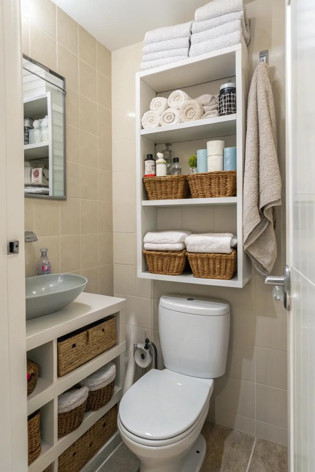 Taking advantage of storage with vertical racks in a small bathroom.