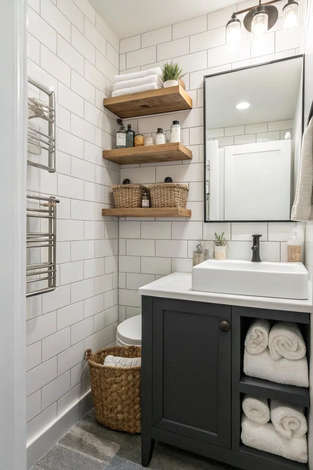 Open shelves offer storage while keeping the space airy.