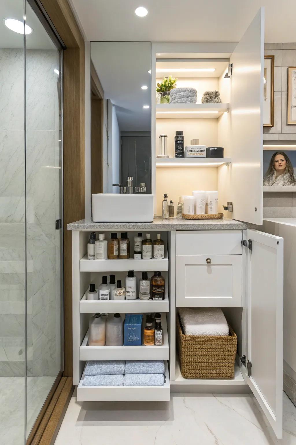A vanity with ingenious storage solutions ensuring everything has its place.