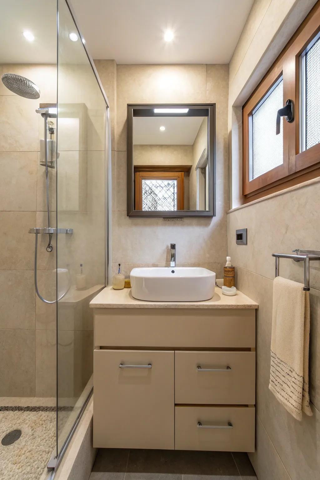 A small bathroom featuring modern cream fixtures.