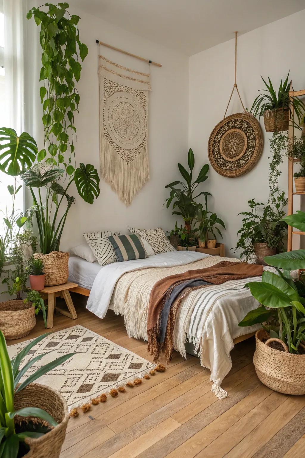 Natural components infuse vitality into this compact boho bedroom