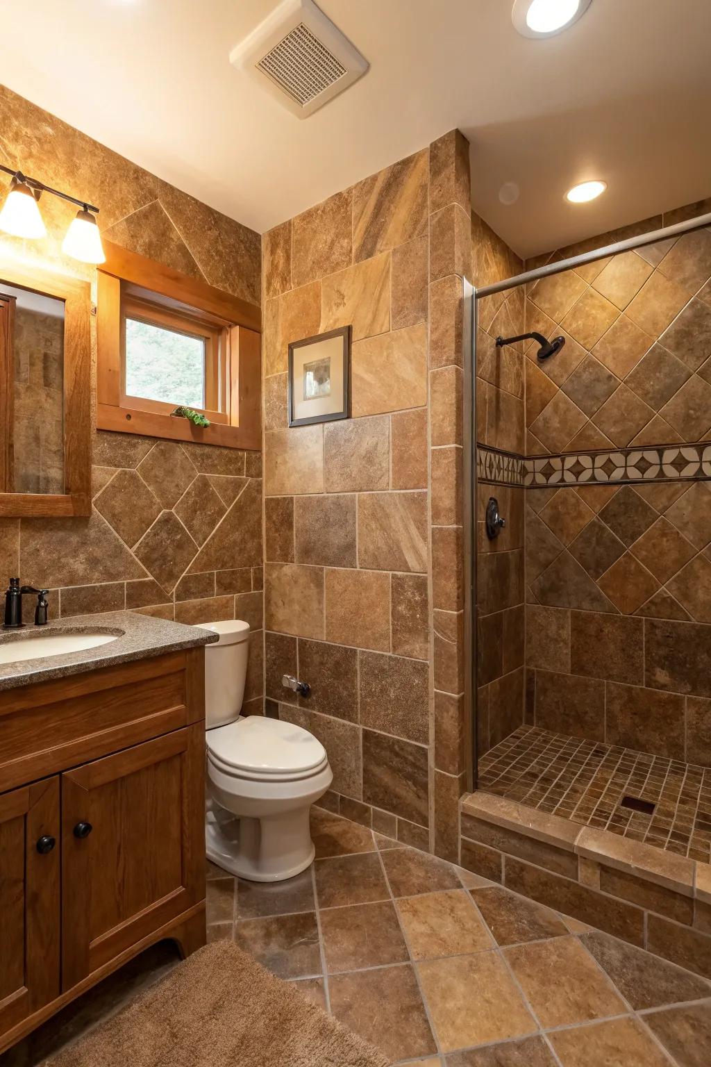 Natural cocoa stonework tiles fashion a spa-like escape.