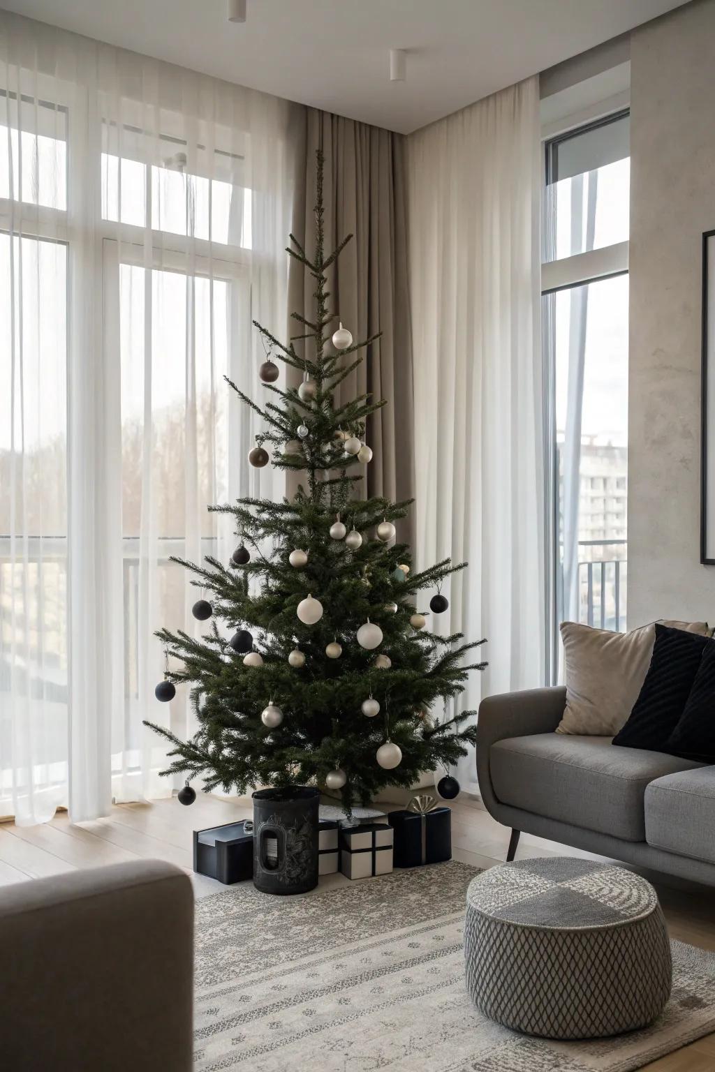 An understated small Christmas tree with simple, sophisticated adornments.