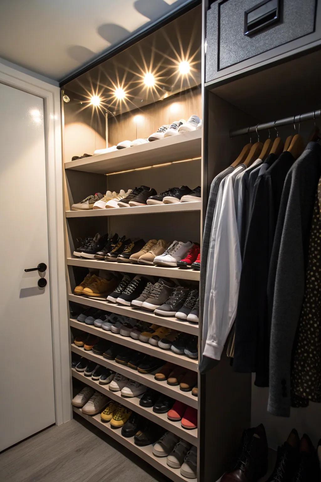 Spotlights highlight an organized shoe assortment.