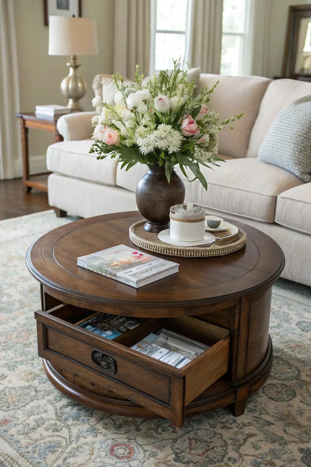 Circular tables with hidden sections deliver both style and practicality.