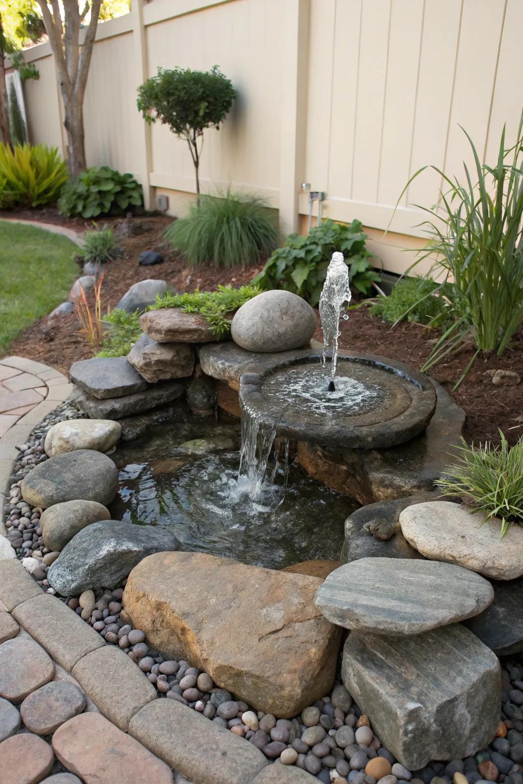 A calming water feature set within a small corner rock garden.
