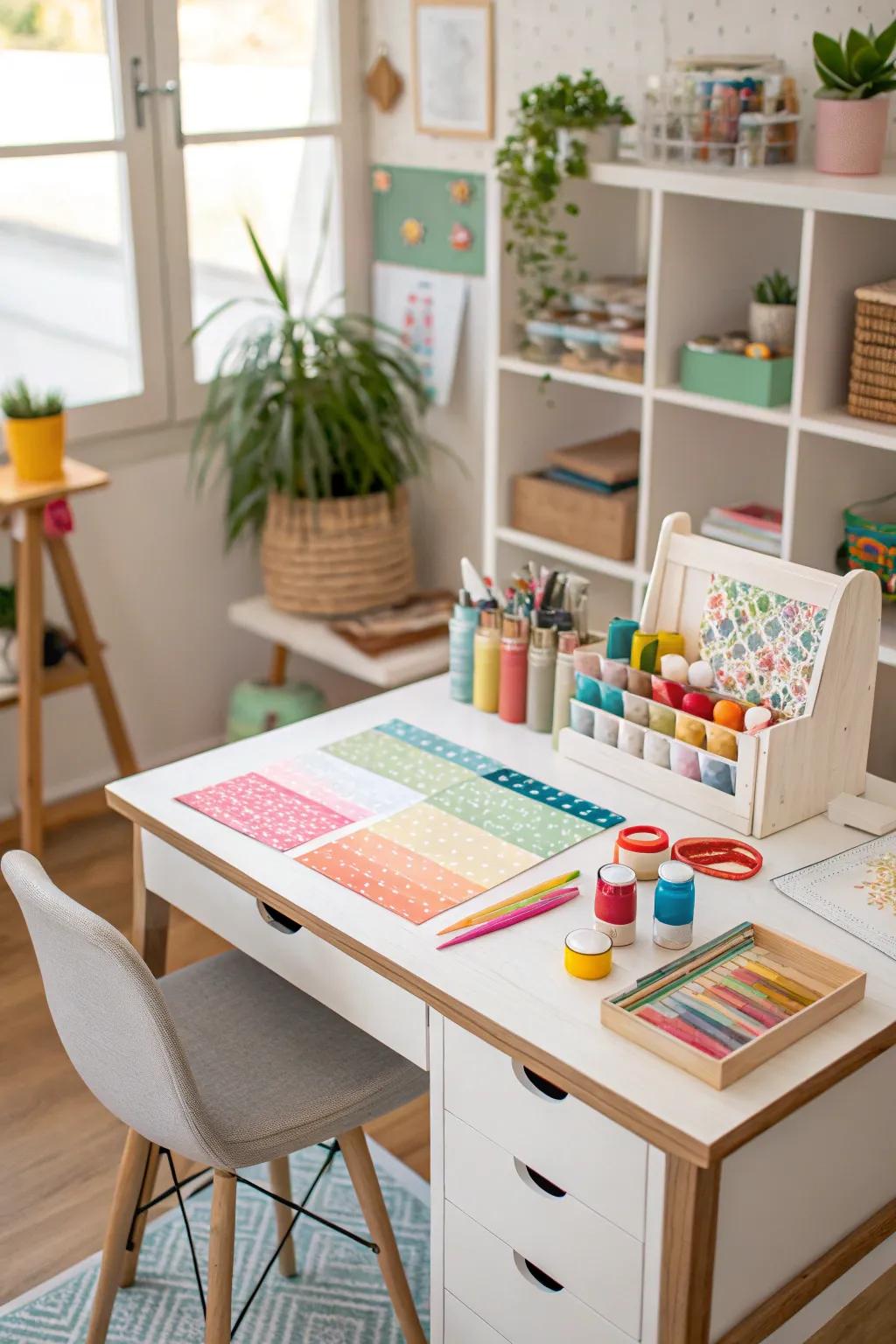 A small-footprint desk can fit almost anywhere, providing a perfect crafting surface.