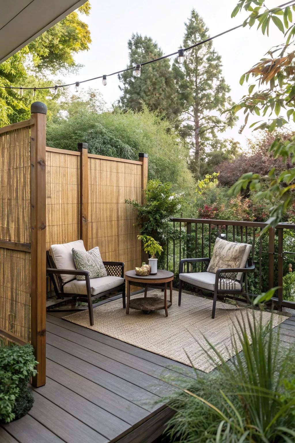 A private haven on a small deck, enhanced by bamboo screens.