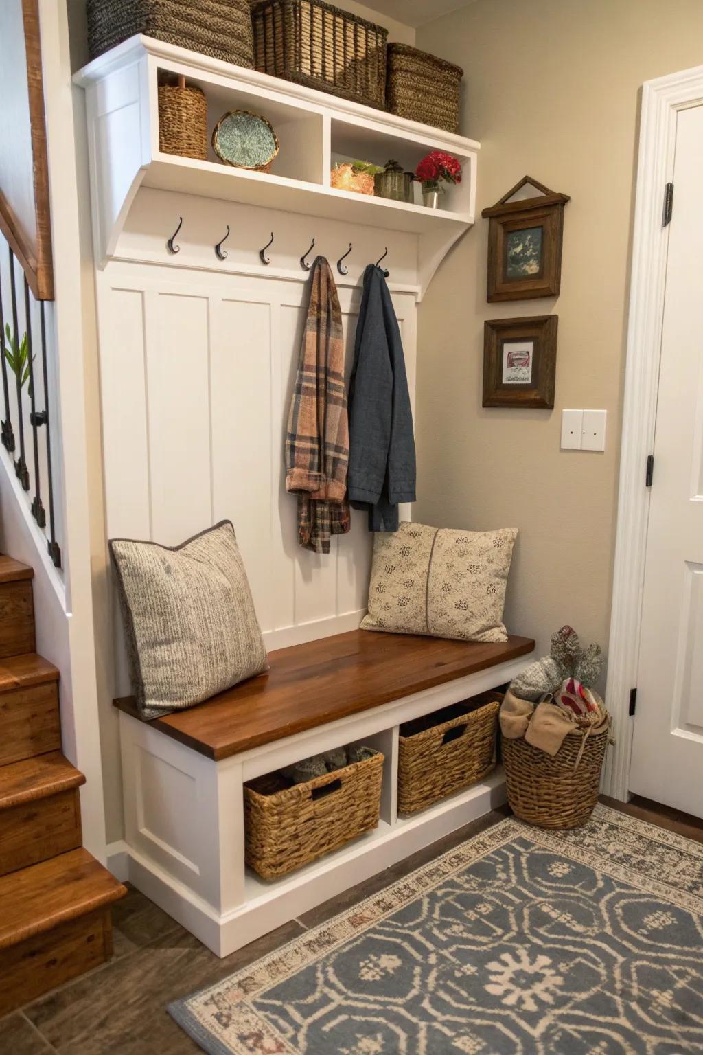 A multi-functional bench providing seating and storage combined.