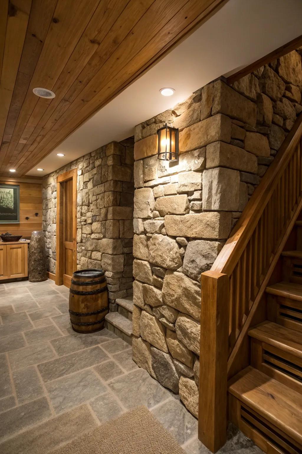 Introduce dimension through varied surface interests in your basement's design.