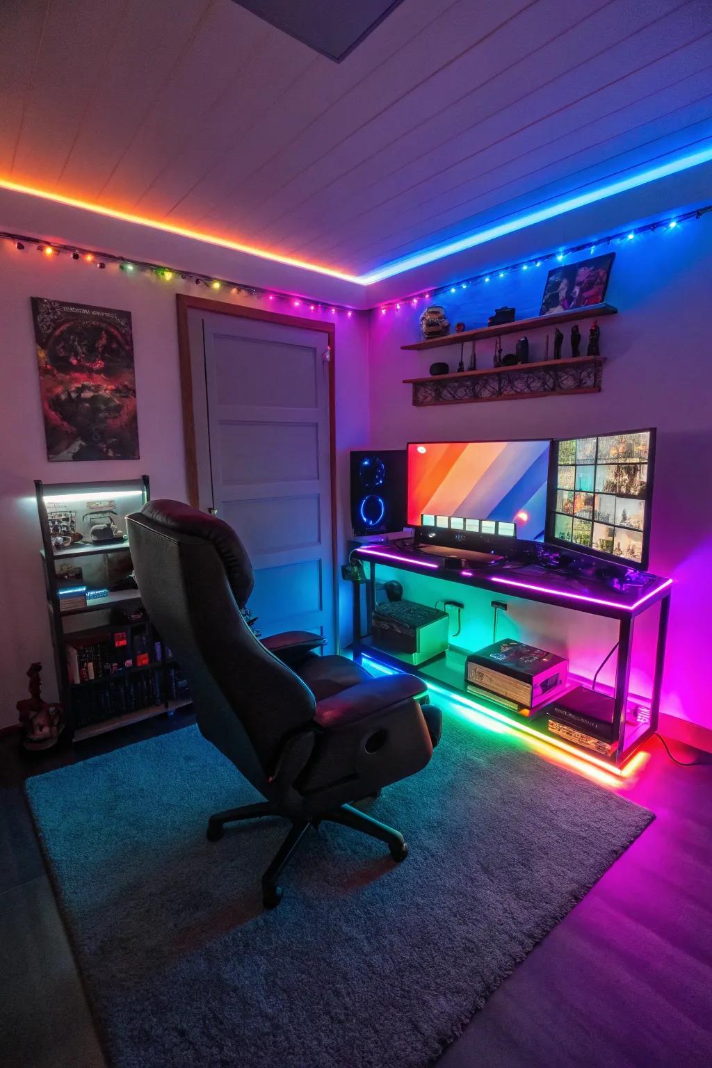 LEDs create a vibrant mood in a gaming room.