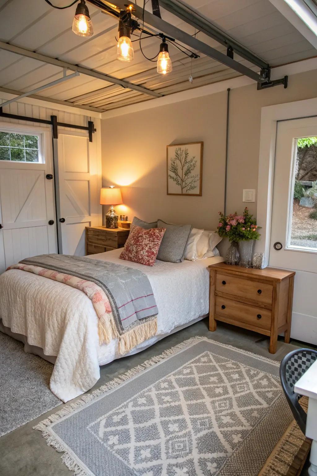 A small garage delivers a warm welcome as a guest room.