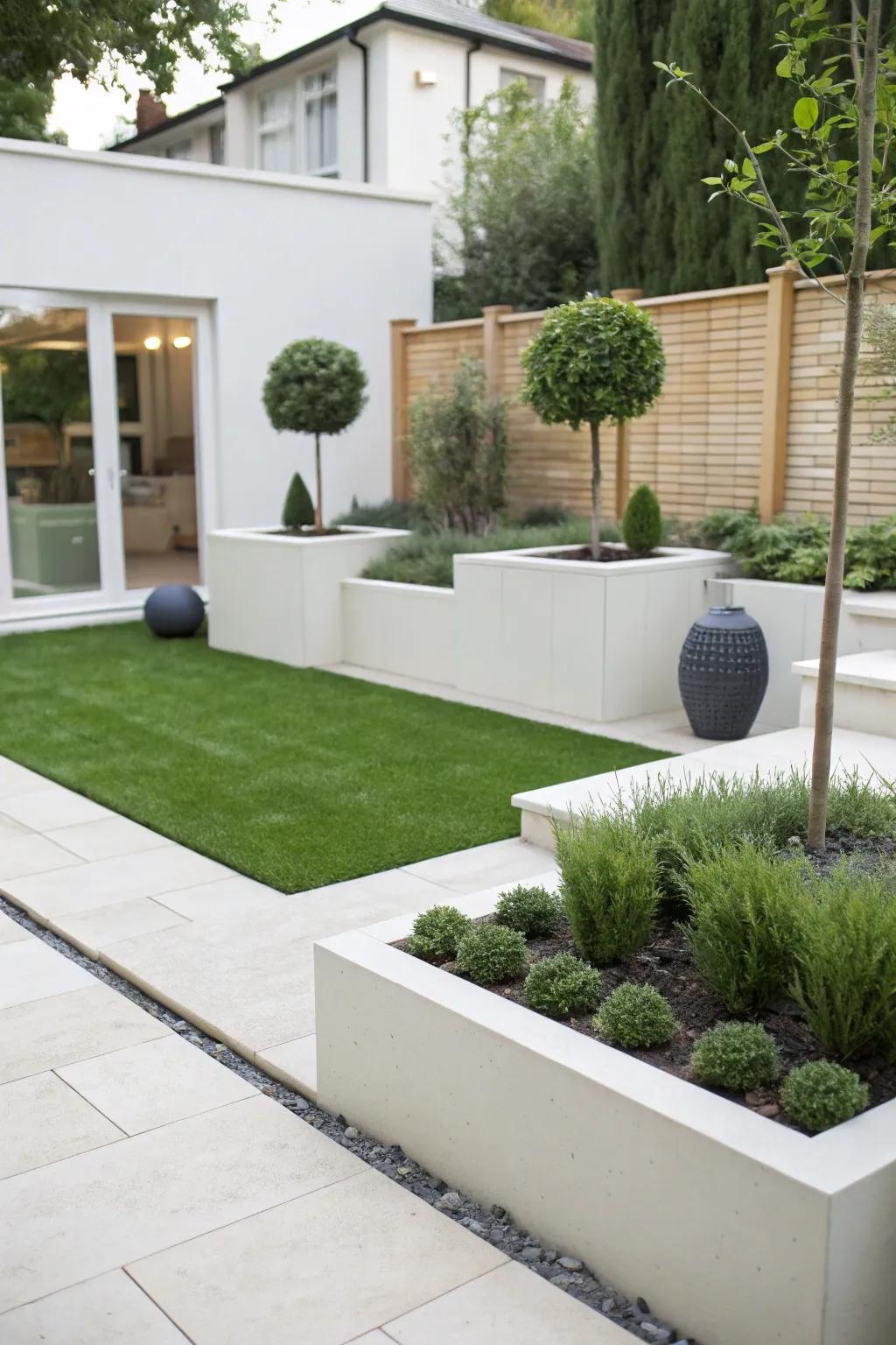 A minimalist garden featuring synthetic turf highlighting neat lines and simplicity.