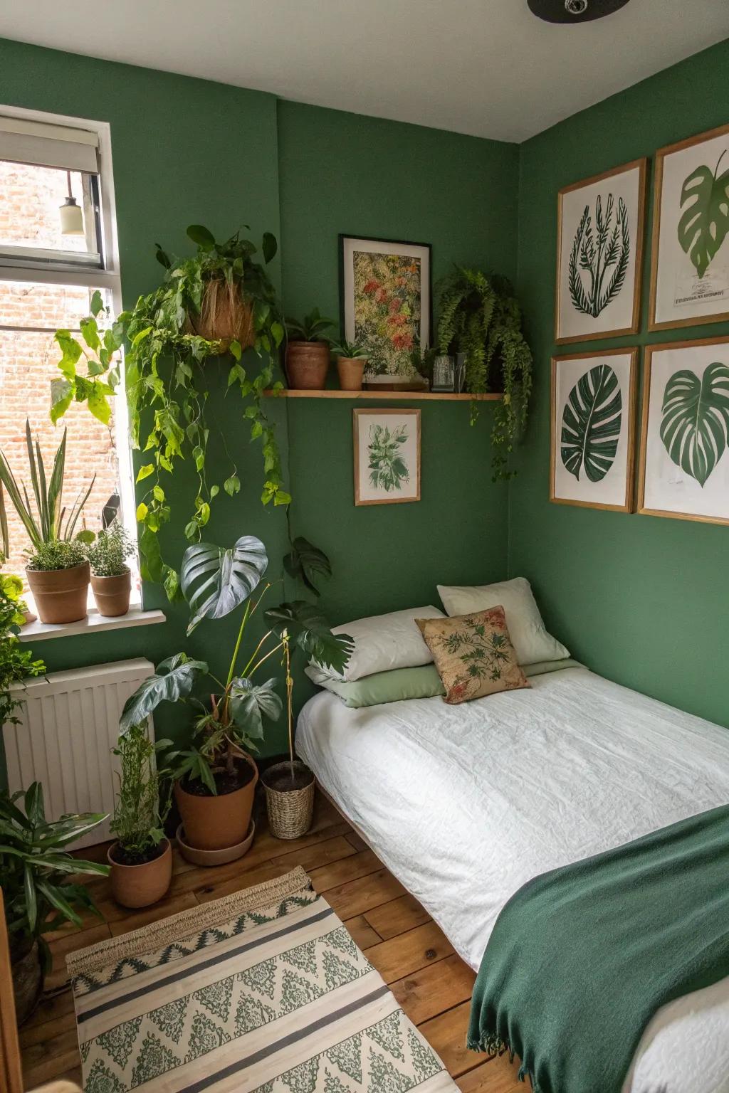 Natural touches like botanicals emphasize the verdant theme.