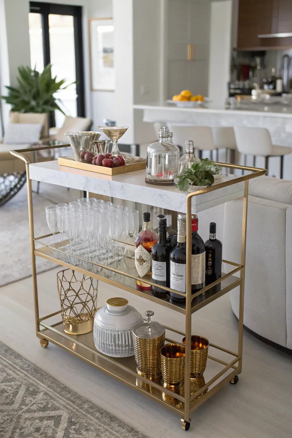 A mobile bar trolley mixes function with style, perfect for small areas.