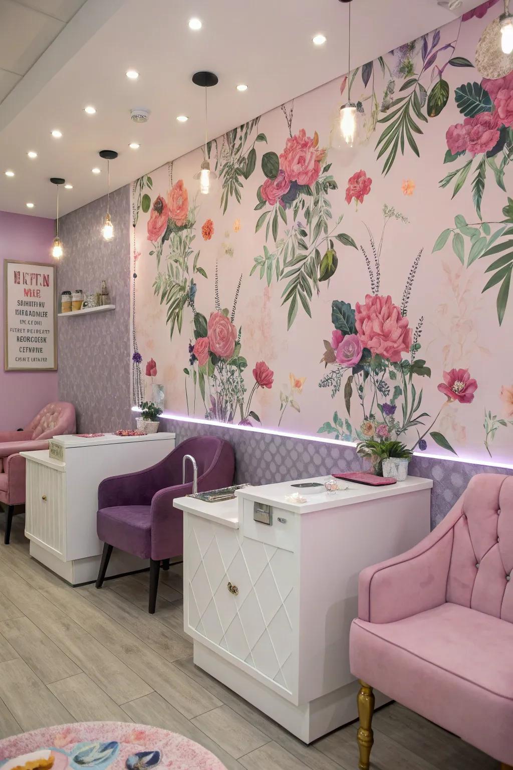 Striking wallpaper brings energy to the area.