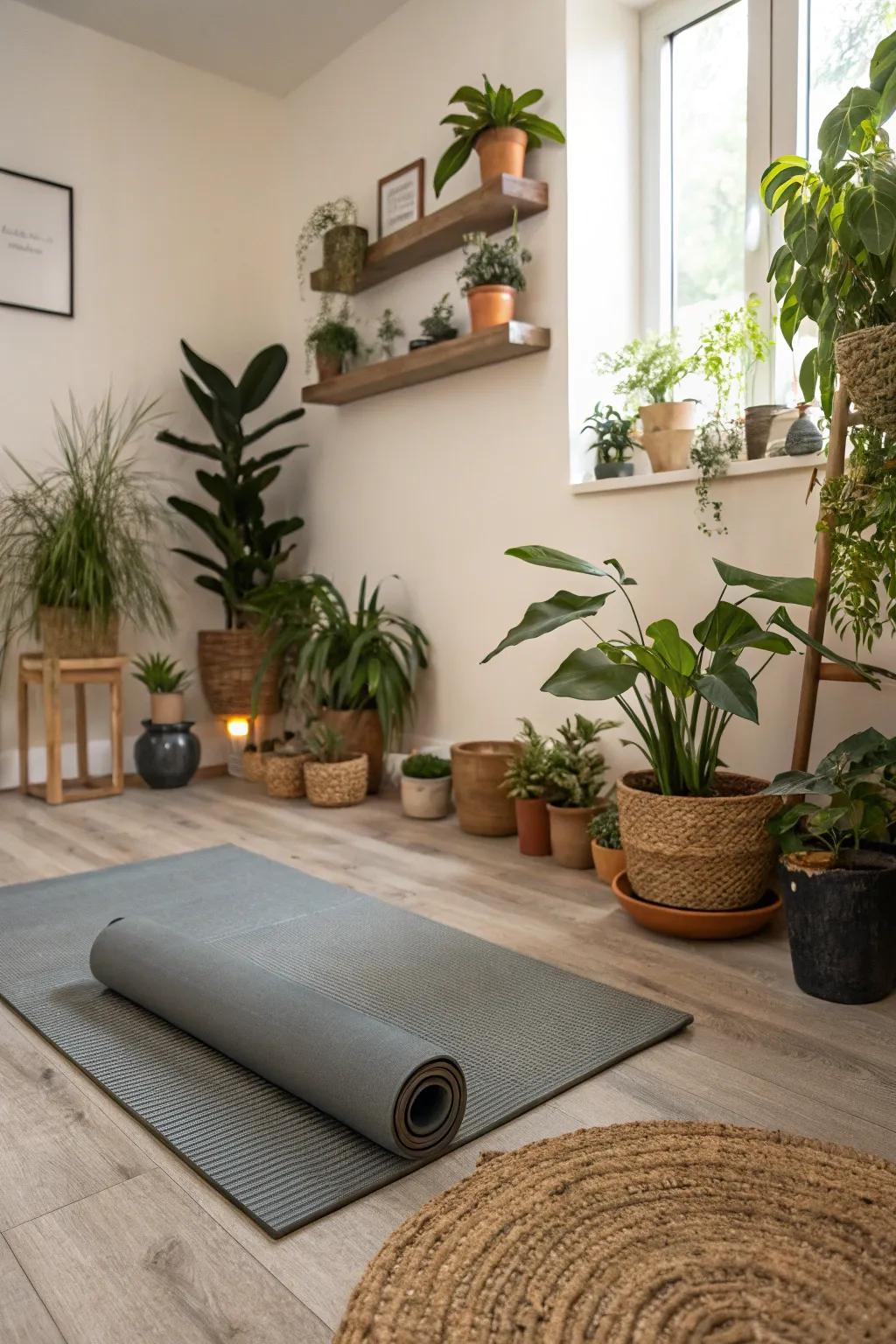 Yoga room corner showcasing potted plants for a natural vibe.