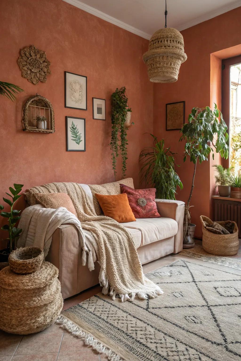 A small living area exhibiting terracotta walls, radiating warmth.