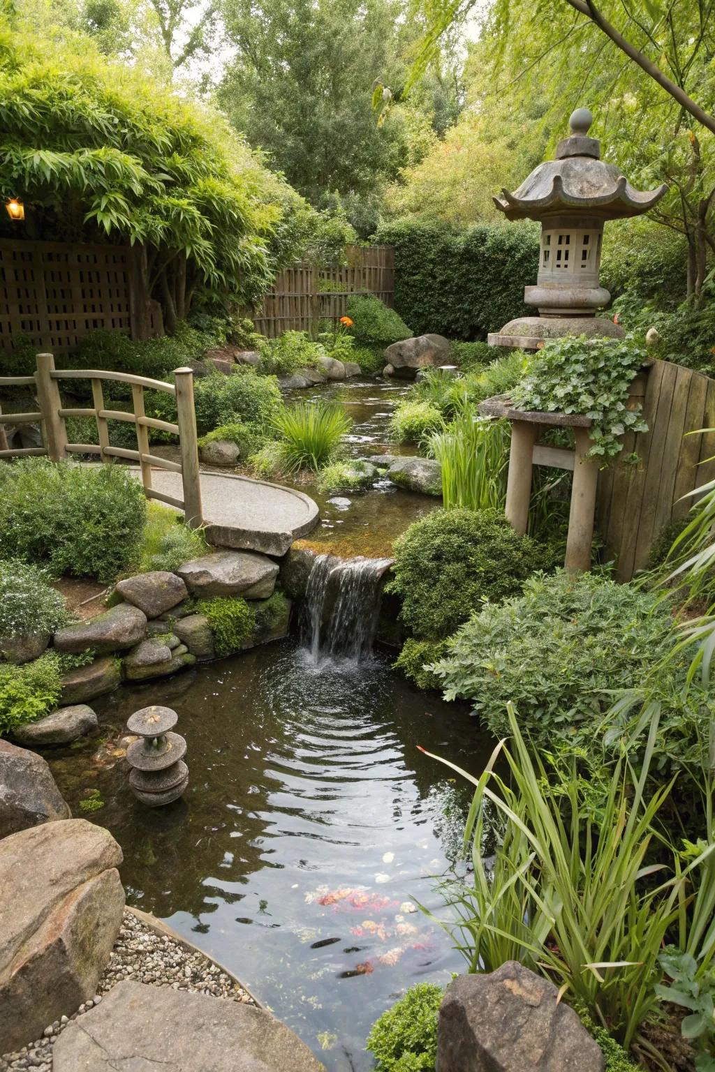 A serene water element imparting a peaceful ambiance.