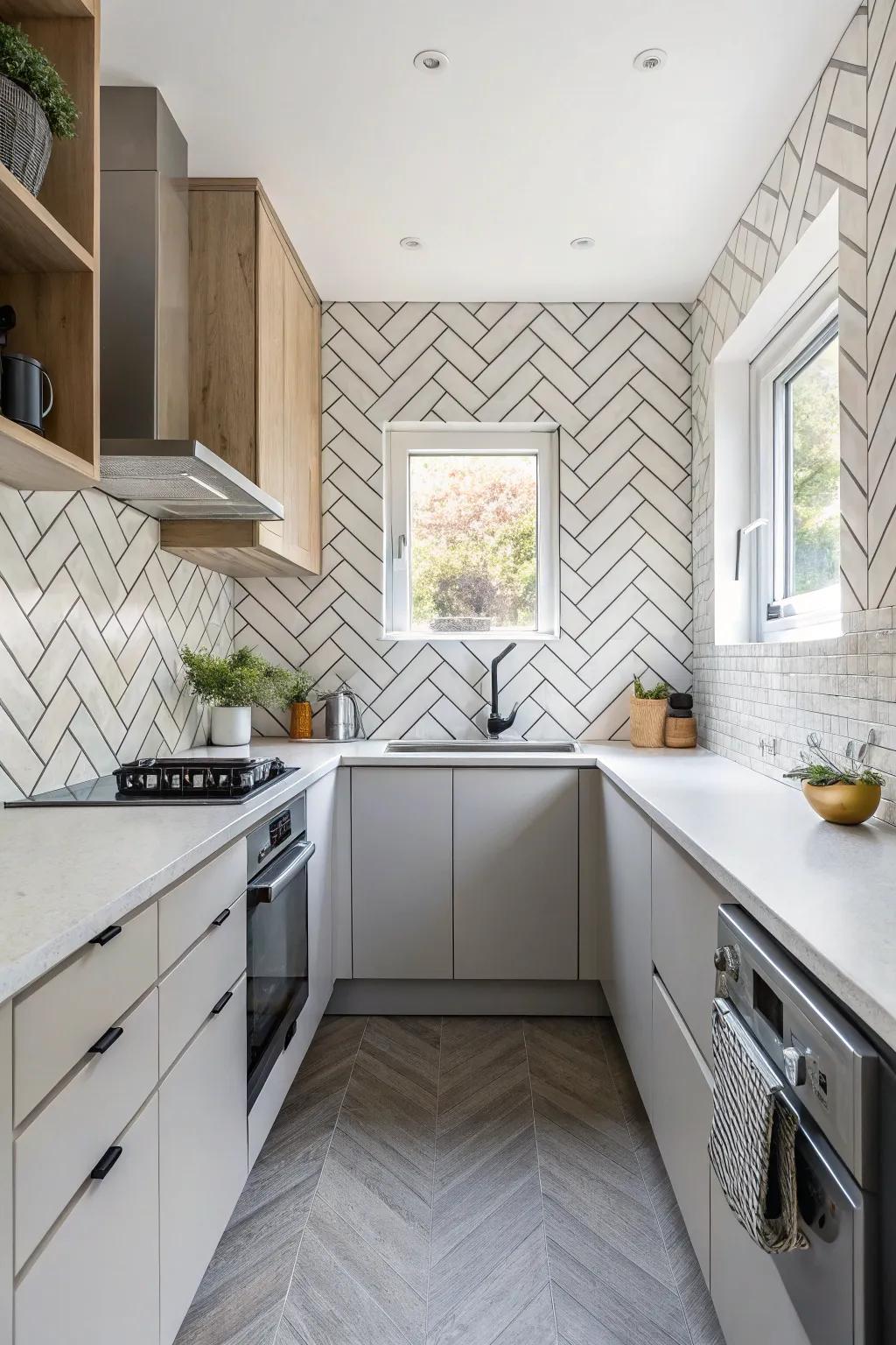 Introduce geometric patterns for a distinguished cooking space design.