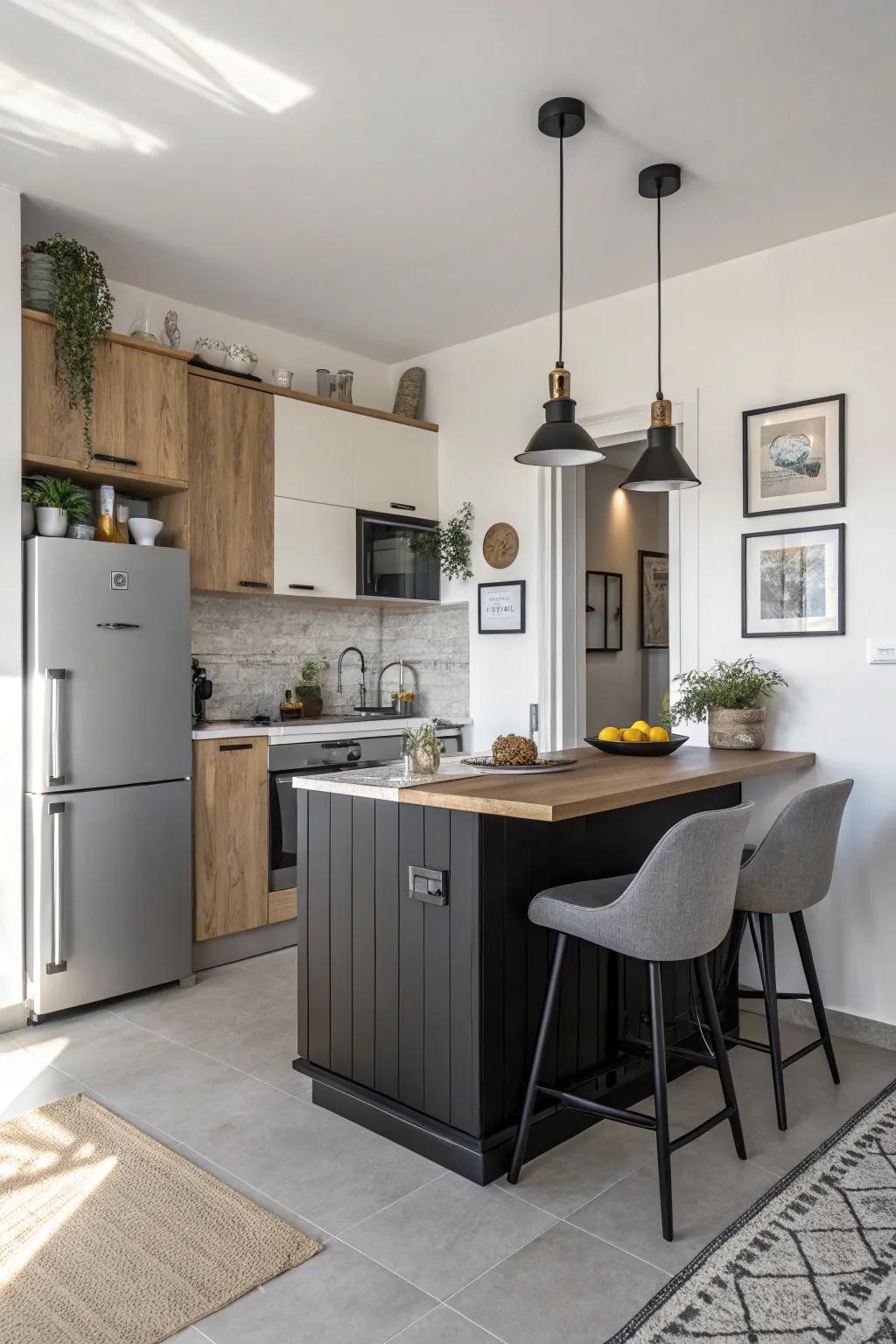 A dark island set against bright walls, conjuring depth and sophistication.