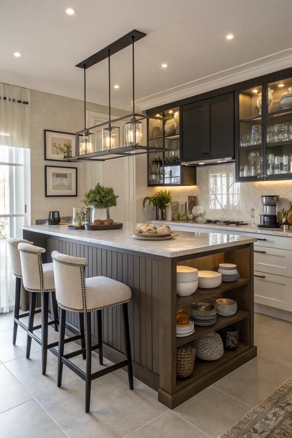 A multipurpose kitchen counter that functions as both prep space and dining area.