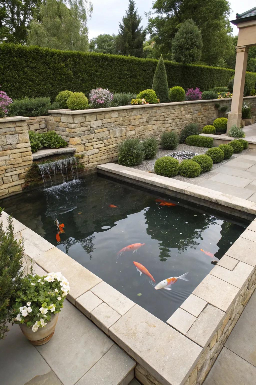 An elegant elevated water garden enhances both style and fish observation.