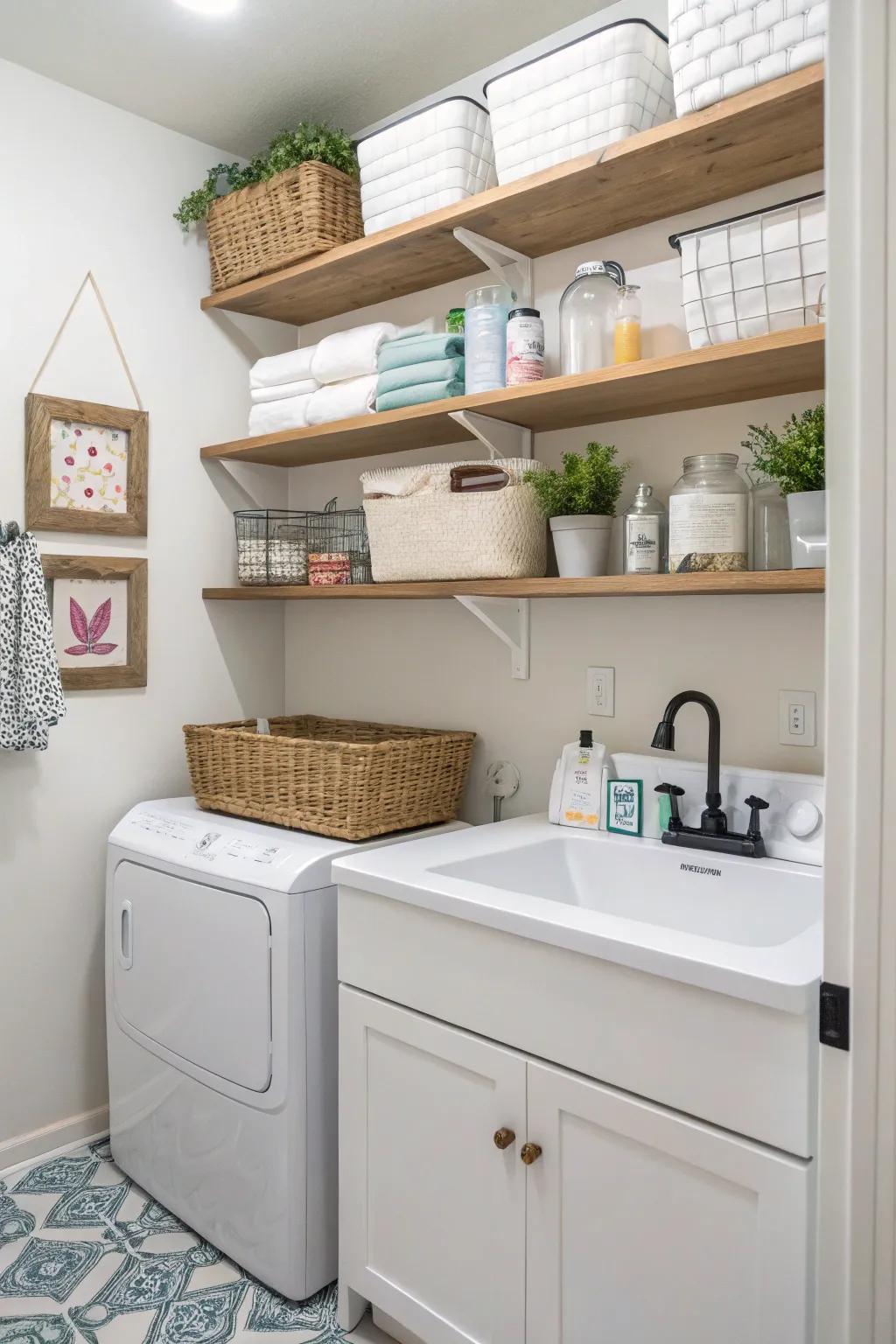 Utilize vertical space with stylish floating shelves.