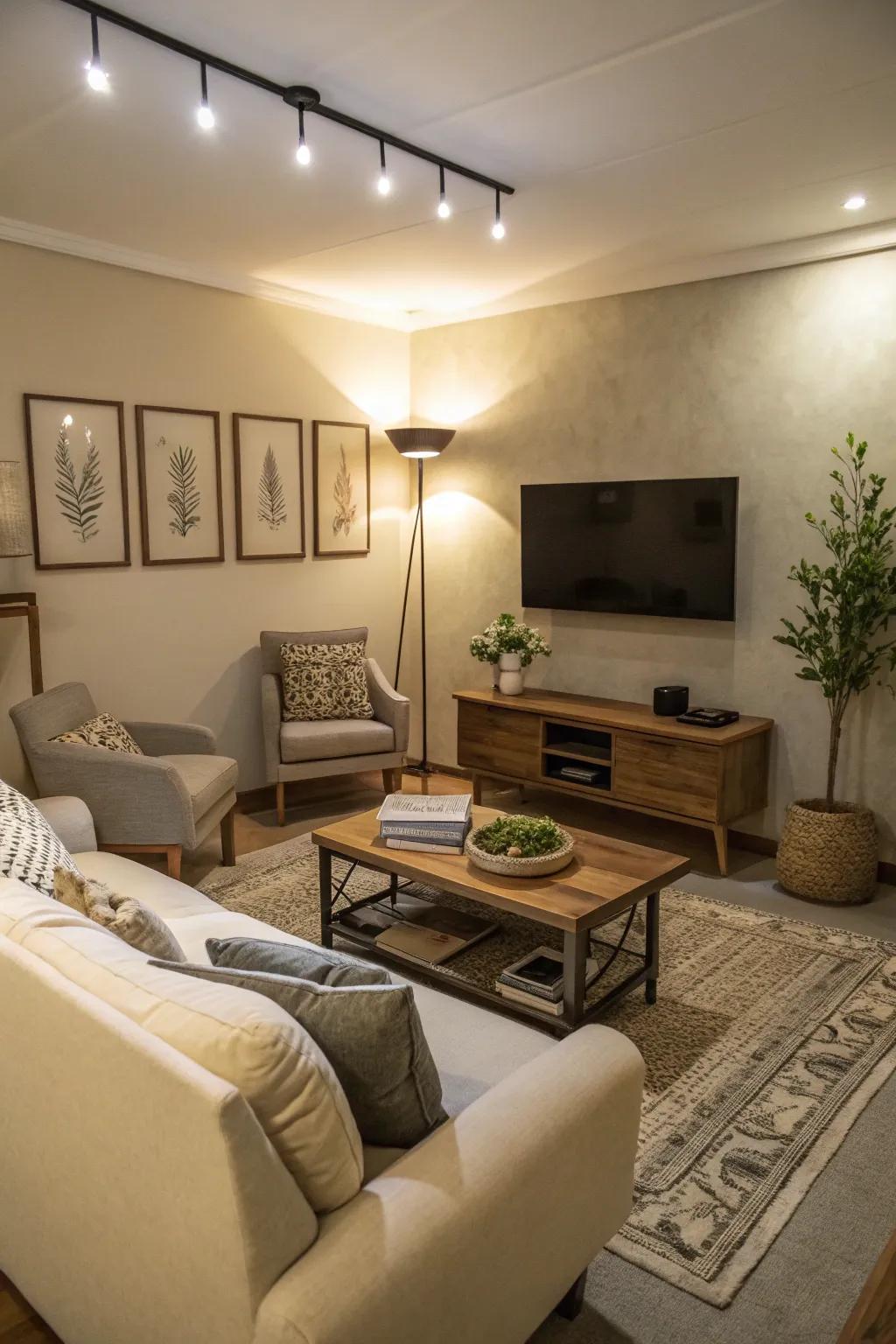A neutral palette fosters an open and inviting atmosphere in a limited space.