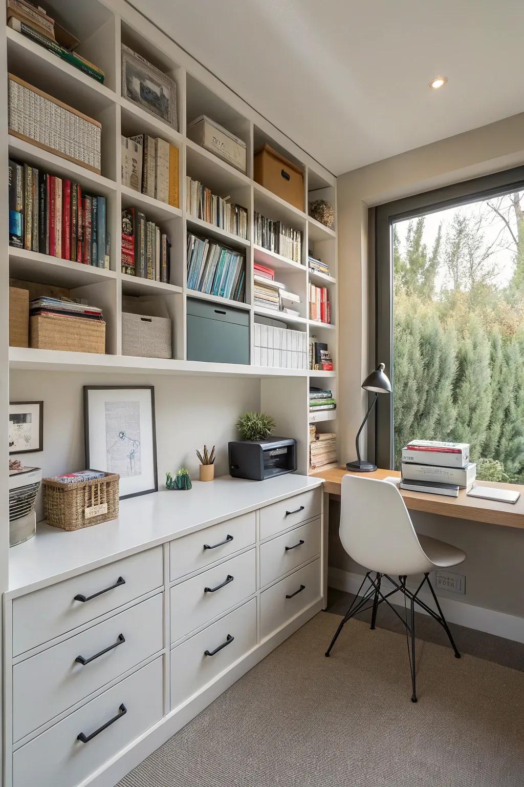 Vertical storage solutions help maximize space efficiency in a small office.