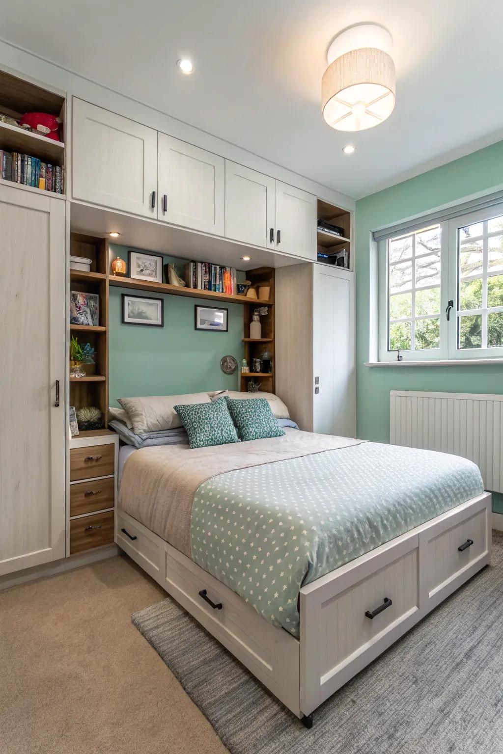 Judicious furniture choices optimize the available space in a confined primary bedroom.