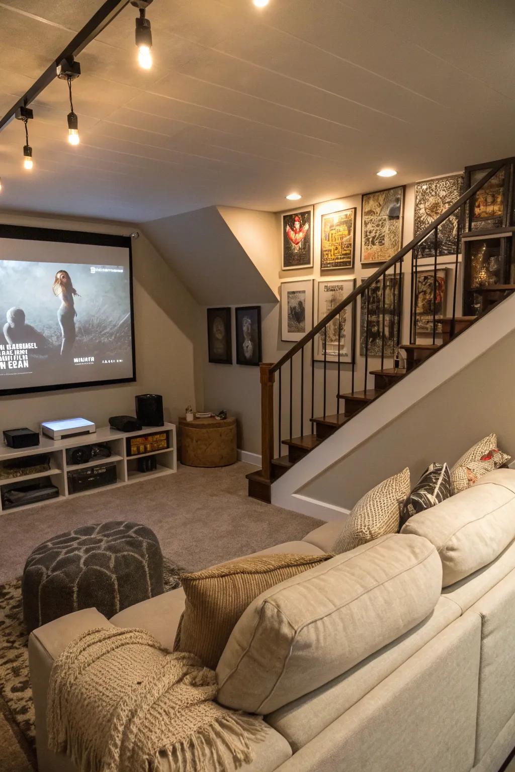 An enchanting movie room located under the steps.