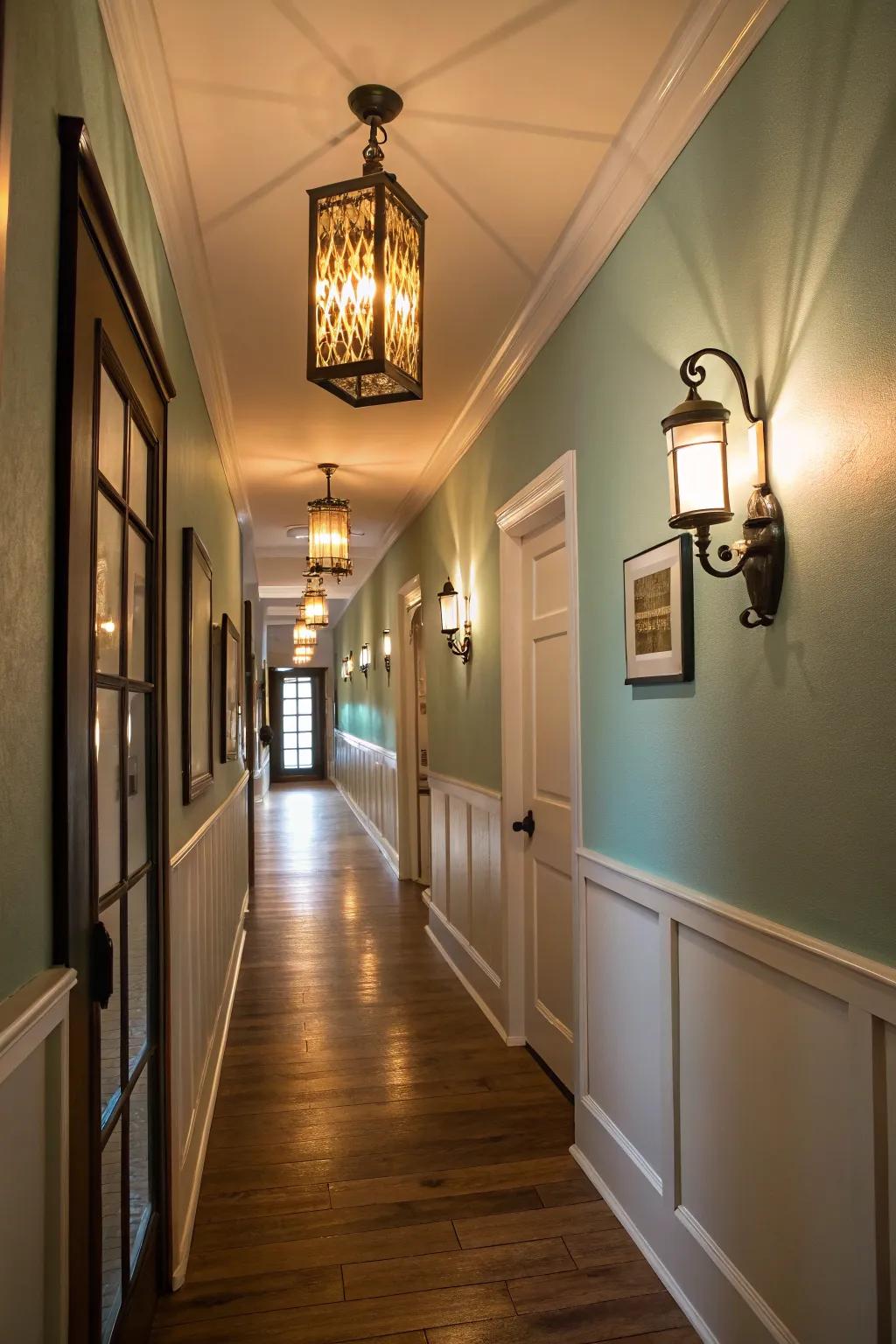 Smart lighting can dramatically change the mood of a cramped hallway.