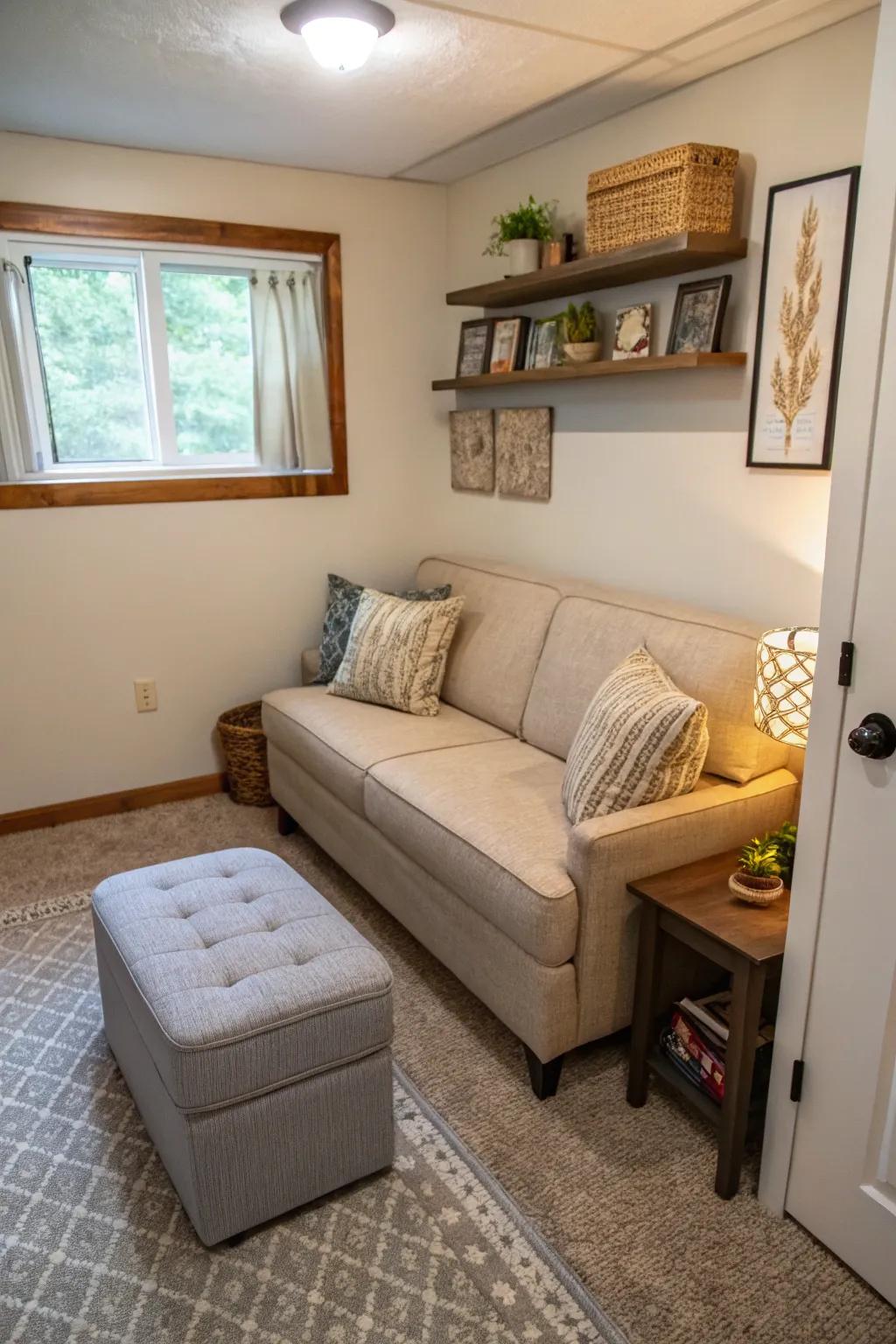 Multipurpose furniture enhances functionality in tight areas.