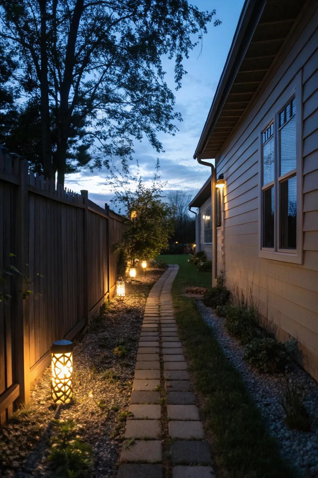 Ambient illumination enhances the charm and functionality of your side yard after sunset.