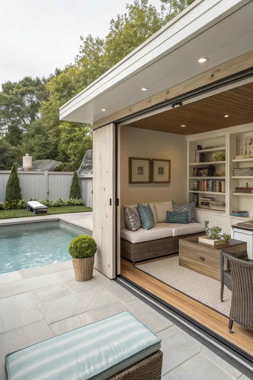 A streamlined pool house that emulates a secluded haven.